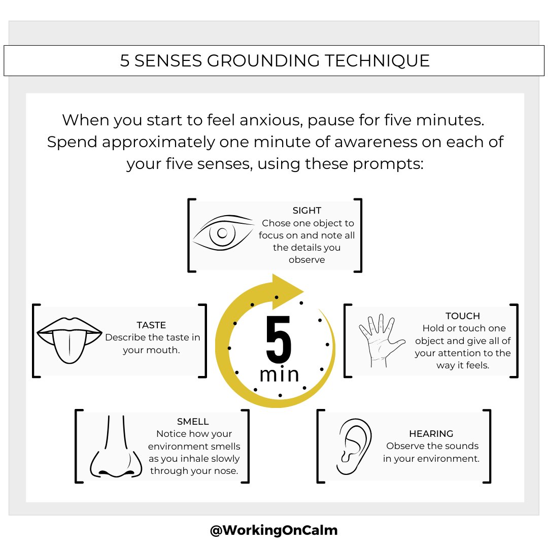 WorkingOnCalm's tweet image. When feeling #anxious, the 5 Senses Grounding Technique can be done anytime, anywhere. Give each of the five senses 1 minute of your undivided attention. For complete instructions, including tips for beginners, a downloadable, and more:

workingoncalm.com/how-to-calm-yo…

#anxietytip