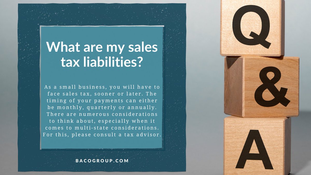 GroupBaco's tweet photo. Sales tax can be a tricky thing to manage and navigate. We couldn't possibly fit everything you need to know here, so please reach out to us or read our blog on https://t.co/H72VNFB0EV for more information on sales tax liabilities!
#qanda #tax #accounting https://t.co/QjO2zN9LkG