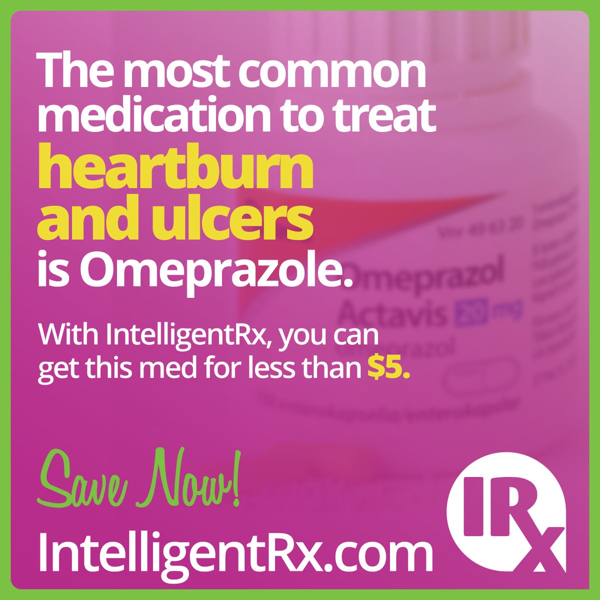 The most commonly prescribed drug for heartburn and ulcers is Omeprazole. With IntelligentRx, you can get this med for less than $5.

#prescriptions #pharmacy #medication #rx #affordabledrugs #affordablemeds #genericdrugs #insurance #heartburn #ulcers #Omeprazole #Prilosec