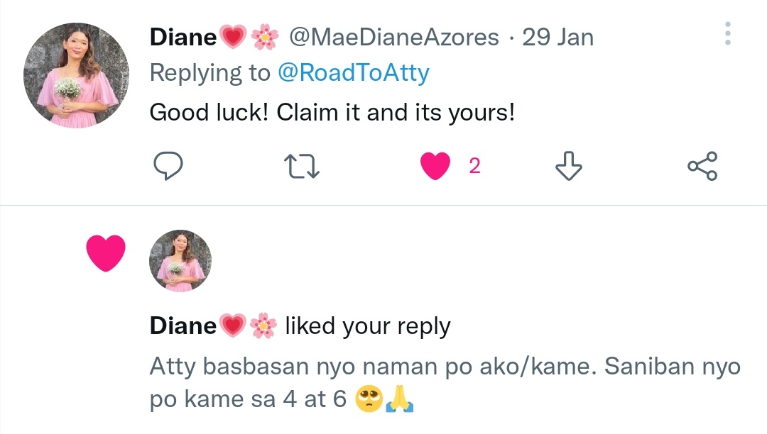 RoadToAtty's tweet photo. @MaeDianeAzores Naalala ko pa ang simpleng basbas mo saaken Atty. 🥺 And now, I got it!!! Claim na claim. You are an inspiration. Thank you 💜 https://t.co/ud4bwm3piE