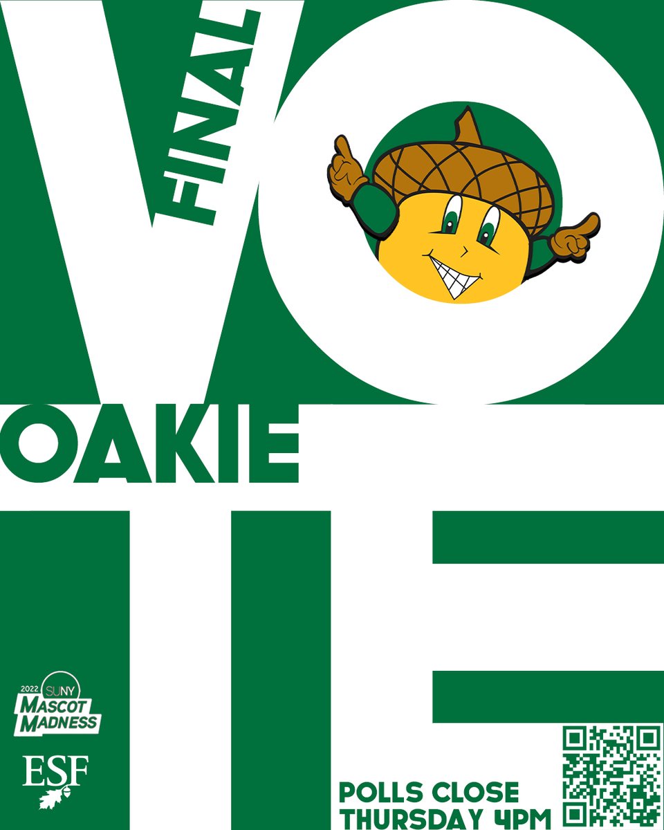 sunyesf's tweet photo. It’s time! Vote for @ESFOakie in the Championships of #SUNY #MascotMadness as they take on @stonybrooku’s Woflie!

Follow @SUNY for the tweets for bonus votes! Every vote counts &amp; Oakie is counting on us! Voting is open until 4 pm 4/14!

https://t.co/oqHC9i43f2 https://t.co/HqdN4HJpQK