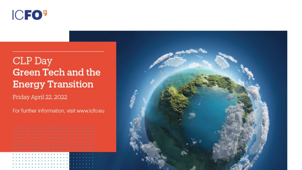 ICFOnians's tweet photo. One week left to register for @ICFOnians CLP Day on "Green Tech and the Energy Transition"
Talks by representatives from @sunergy_eu , @OxfordPV , @TotalEnergiesES, @swissinso and @snam .
Register by April 18
More info ๐ https://t.co/AsBJ96Sr7e
#ICFOCLPDay https://t.co/3Ti3ZsXdRf
