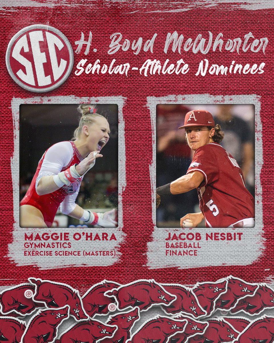 SEC's tweet photo. 𝟮𝟬𝟮𝟮 𝗠𝗰𝗪𝗵𝗼𝗿𝘁𝗲𝗿 𝗔𝘄𝗮𝗿𝗱 𝗡𝗼𝗺𝗶𝗻𝗲𝗲𝘀
↳ 🐗  @ArkRazorbacks 

🤸‍♀️ Maggie O’Hara
⚾️ Jacob Nesbit

 🔗 https://t.co/kTLQzHaDpv https://t.co/rvJwjf8v1J