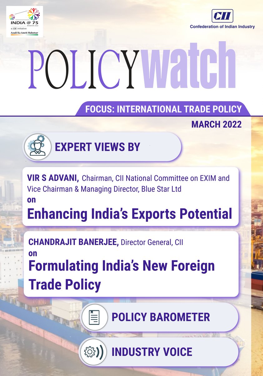 FollowCII's tweet photo. India has crossed the #export milestone of USD 400 bn for goods in March 2022. The current edition of the #CIIPolicyWatch explores the potential of the country’s #Exports landscape & offers the opinion of industry experts.
Read the report➡️https://t.co/npiXMWq6Mb https://t.co/0HReBJGF23