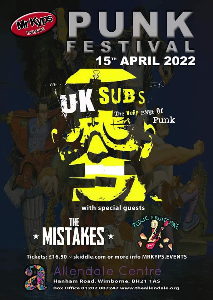 Catch the very best of punk with @UKSubs + support at @CentreAllendale presented by @MrKypsLiveMusic on Friday 15th April.

Tickets £16.50 (See thread below for ticket link)

Let's keep music live, loud and local

#livegigs #wimborneBID #punk #livemusic #dorsetevents