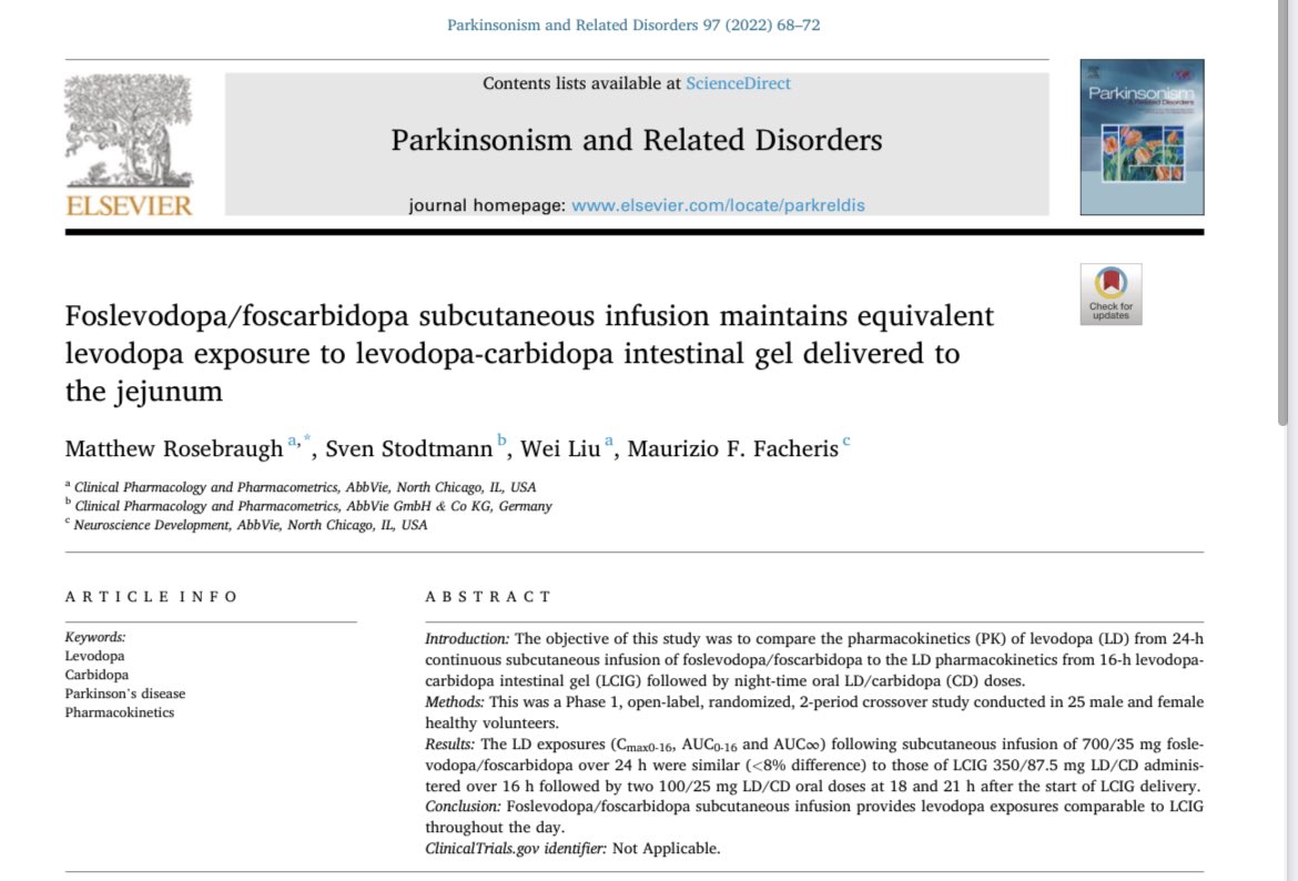 ParkinsonismD's tweet photo. Foslevodopa/foscarbidopa subcutaneous infusion maintains equivalent levodopa exposure to levodopa-carbidopa intestinal gel delivered to the jejunum #foslevodopa #foscarbidopa #Parkinson #LCIG #subcutaneous #freearticle #openaccess  @ELSNeurology Log in to: https://t.co/Yam669iw7K https://t.co/C65dWopo4H