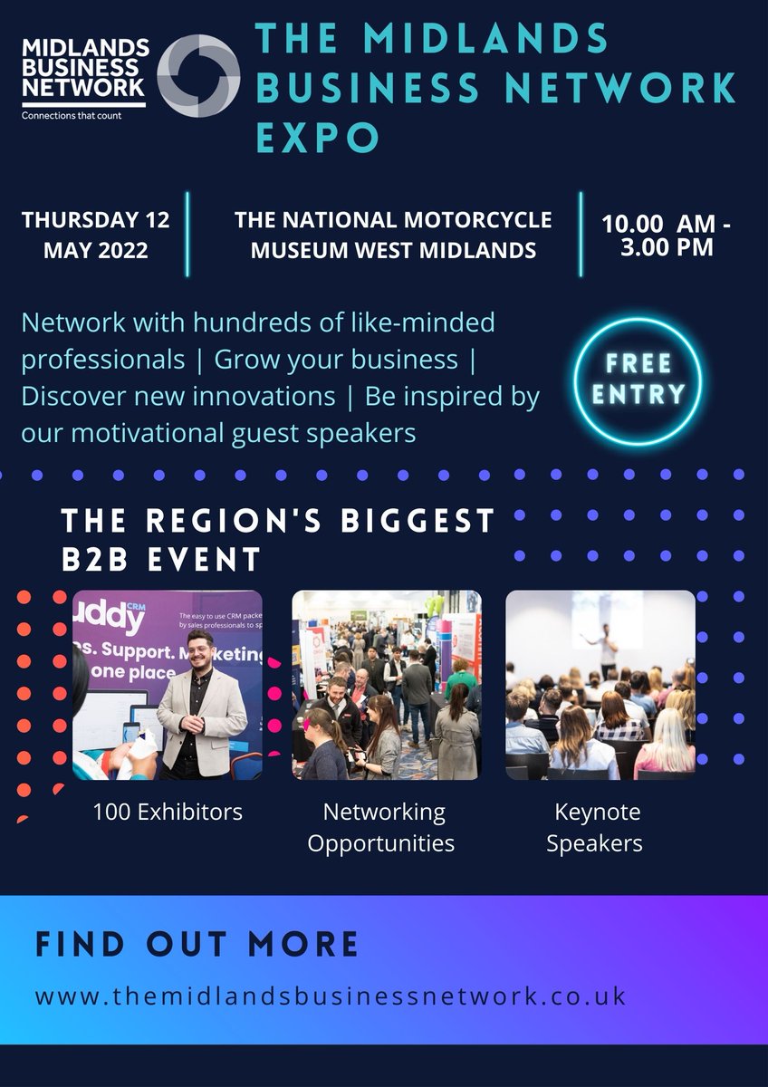 TheMBNetwork's tweet photo. The Region's No1 Business Event returns this May! 😍

Book your FREE ticket to the Midlands Business Network Expo at the National Motorcycle Museum on Thursday 12 May. 

https://t.co/oXaZEZUrrg #mbnexpo22 https://t.co/PvCzaRfQ8b