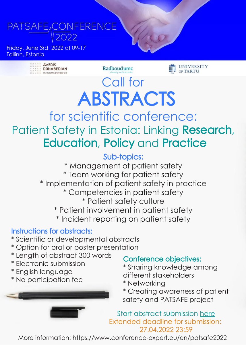 PATSAFE2's tweet photo. #PATSAFE conference is on Friday, June 3rd, 2022, Tallinn, Estonia. Abstract deadline is 27th of April! https://t.co/bePisL38IO
@MagiLiisi @unitartu @KajaPolluste @MariKangasniemi @corregoFAD @HCalsbeek @TiinaFreimann @annevantuijl @hvall9 @Inst_Donabedian @IQhealthcare https://t.co/3NpKMeLcde