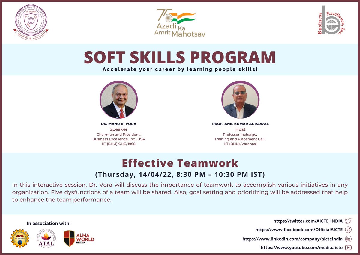 AICTE_INDIA's tweet photo. #AICTEdge

#AICTE&amp; @IITBHU_Varanasi has initiated a free #SoftSkillsProgram that'll benefit students to be industry-ready &amp; empower faculties to achieve excellence in Teaching-Learning process

Session on #Effective #Teamwork
#LIVE on 14 Apr,2022@ 8:30pm
👉https://t.co/8pj9UXni98 https://t.co/GuuGIgr1wS