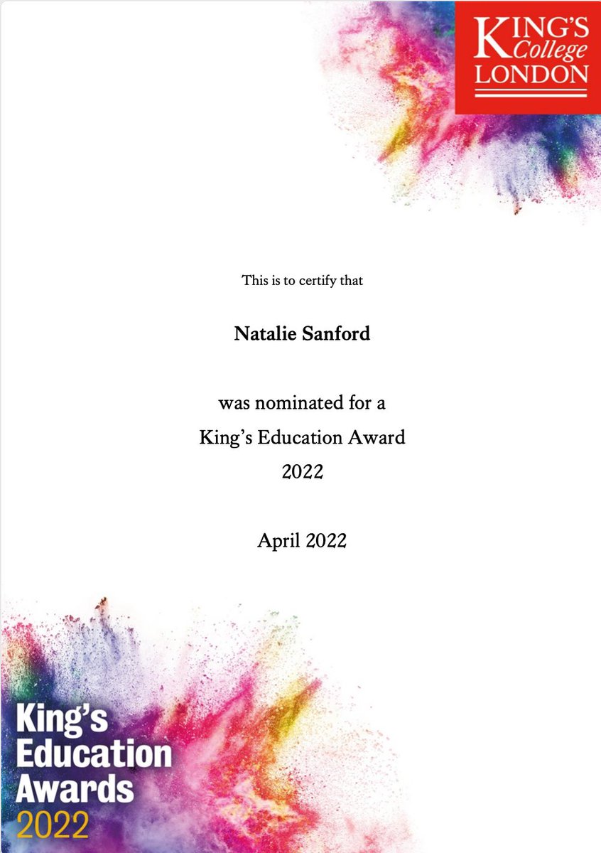 NatalieSanford's tweet photo. I absolutely love teaching undergrad and masters students as a @KingsNursing supervisor/GTA, IPE facilitator, &amp; @kingsacademykcl Academic Skills Tutor, so I am really touched to be nominated for a King's Education Award. Thank you! I'm lucky to work w so many brilliant students😀 https://t.co/ZQtiyPrgzj