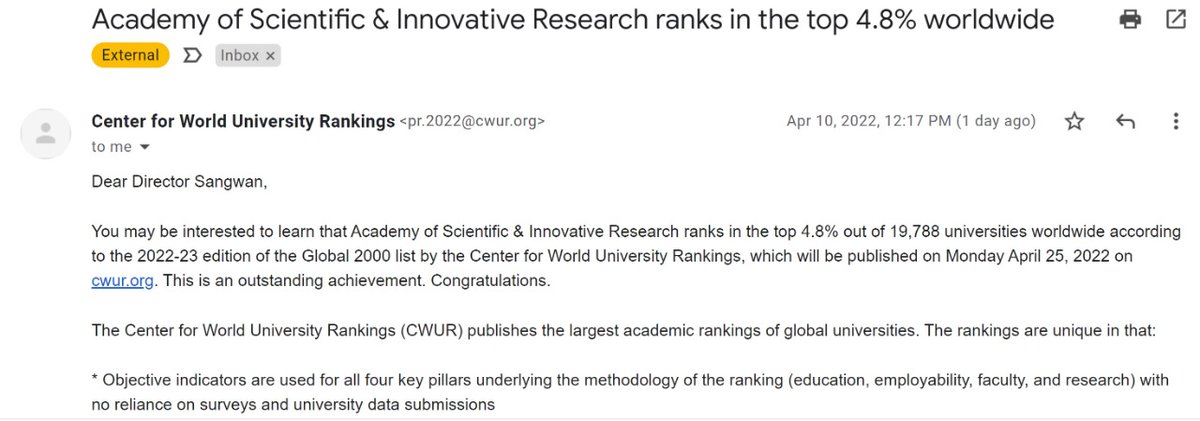 ProfSangwan's tweet photo. Happy to know from the Center for World University Ranking that now @AcSIR_India ranks among top 4.8% of universities worldwide. A great achievement for a young (10 years) institution. Happy to witness AcSIR's rising during last 5 years of my responsibilities at AcSIR.
@CSIR_IND https://t.co/lKOCeZWHIr