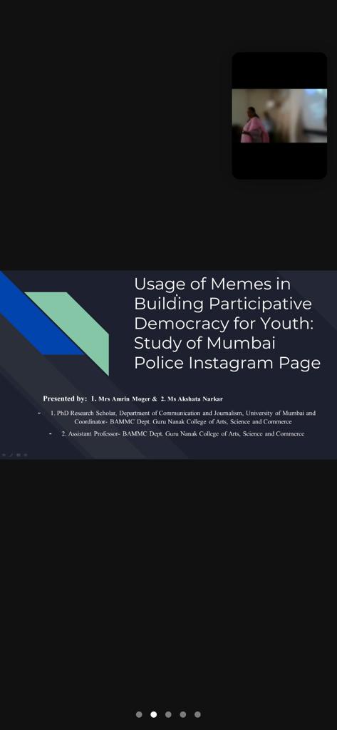 kccmediasummit's tweet photo. Parallel Session 1
Paper 4: Usage of memes in building participative democracy for youth
Presenter: Mrs. Amrin Moger
Coordinator, Media Dept. Guru Nanak College
Ms. Akshata Nahar
Asst. Prof., Guru Nanak College
#TrinityOfTomorrow
#KCCMediaSummit2022
#research
#Memes https://t.co/Zljcw5oRof