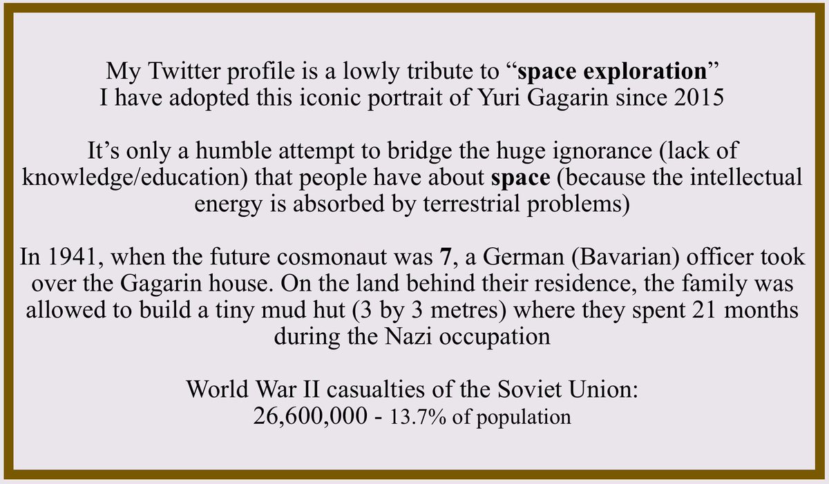 Sad #CosmonauticsDay 2022 celebration
Yuri Gagarin was the first human into Space
April 12 marks 61 years of this historic milestone of mankind
 ➖➖➖➖
“Looking at Earth 🌍🌏🌎 from afar you realize it is too small for conflict and just big enough for cooperation.” Yuri Gagarin