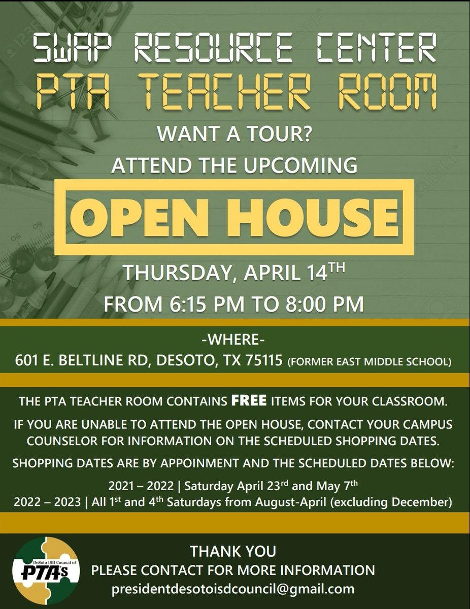 DeISD_PTA's tweet photo. Calling all DeSoto ISD teachers! 📣
Come &amp; tour the space on Thursday night 👩🏾‍🏫💛 https://t.co/DnXekbPvW6