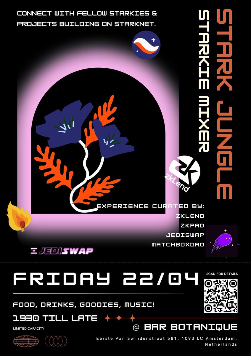 AstralyXYZ's tweet photo. We're hosting a PARTY with frens at  @zkLend @JediSwap  @matchbox_dao  ☄️
If you're at Devconnect in Amsterdam on the 22/04/2022, show up and party with us 🪩

👩‍🚀 We'd love to meet you guys, connect, talk and dance the night away. Scan the QR for more. 🥂 https://t.co/khbBePIUh4