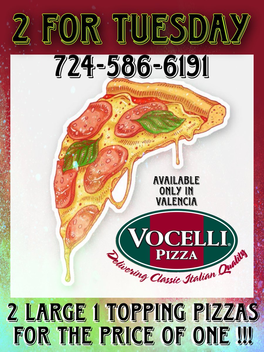 VocelliB's tweet photo. Two Large One Topping Pizzas For The Price Of One! Call 724-586-6191
Make sure to mention the "Two for Tuesday" special when ordering
Only available at 890 Pittsburgh Rd, Butler, PA 16002
#2fortuesday  #vocellipizza #Valencia #mars #renfrew #pizza https://t.co/2J4O0oBgOp