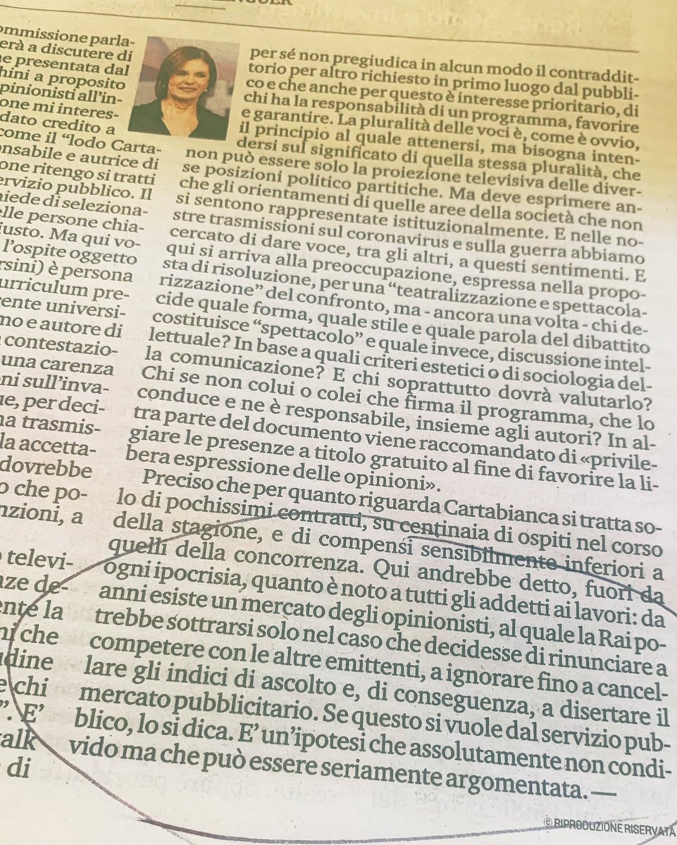 Bianca Berlinguer dice ad alta voce il segreto di Pulcinella: senza il mercato degli opinionisti e degli esperti (veri o presunti) che diventano "personaggio" (Orsini, Bassetti, Mattei, Parenzo, etc.) crollano gli introiti degli spot.