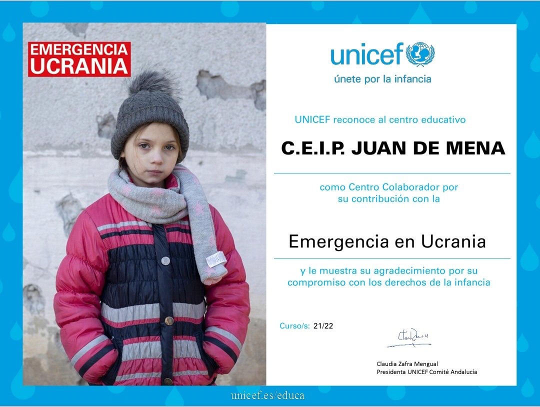 Reconocimiento a nuestro centro por la colaboración en la carrera de Unicef para recaudar fondos para Ucrania.