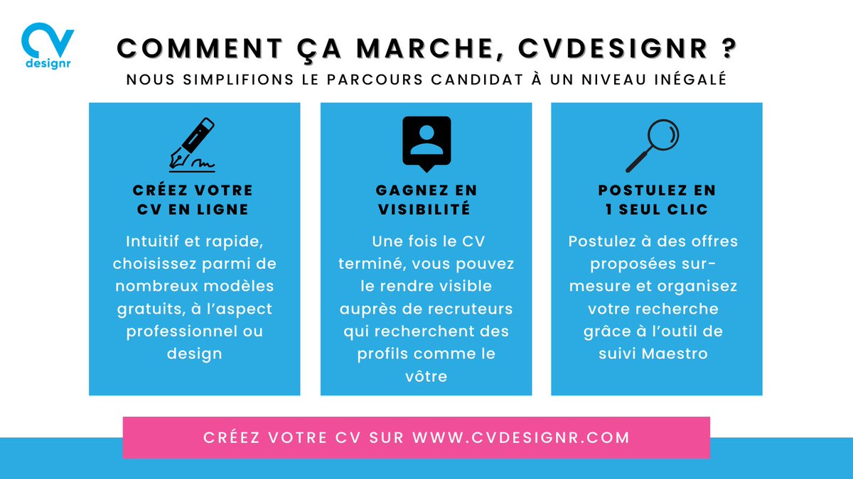 CvDesignR's tweet image. Comment ça marche, CVDesignR ? Découvrez comment en quelques clics 👇 
Boostez votre recherche d’emploi et mettez toutes les chances de votre côté 📈 !
Créez votre CV 👉 cvdesignr.com
#CVDesignR #CV #ModeleCV #Gratuit #Conseils #Candidature #Emploi #Recrutement