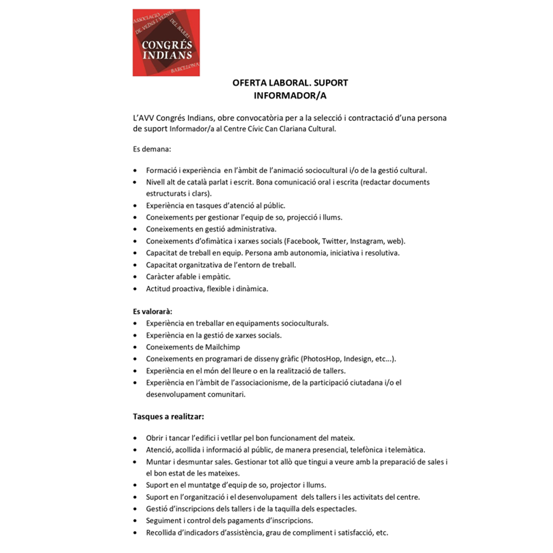 Can_Clariana's tweet photo. Busques feina? 🧐
Al Centre Cívic Can Clariana Cultural, gestionat per l'Associació de veïns i veïnes Congrés Indians, obrim convocatòria de selecció per cobrir una vacant de suport Informador/a.
#ccivicsbcn #canclariana #informadora https://t.co/f8OOLt0ra1