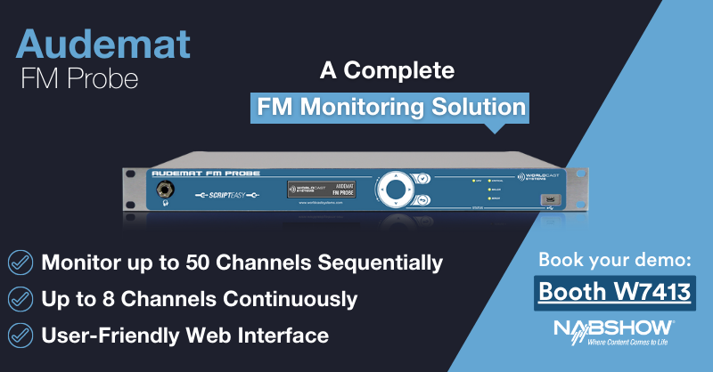 WorldCastSys's tweet photo. 📻 At WorldCast, we offer you the new #Audemat #FMProbe for FM monitoring at the transmitter site or in the coverage area. A unique and complete solution to monitor a list of stations or up to 8 stations - simultaneously! 
Discover this solution during the #NAB 2022 in Las Vegas! https://t.co/bIAF7EWucY