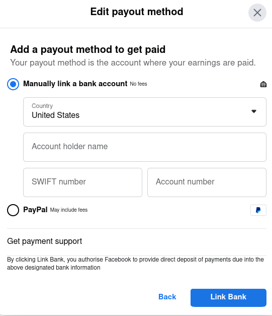 stevium's tweet photo. @Wise Is it possible to use Wise for Facebook payouts? When I try to link my Wise USD account to Facebook payouts these are the only fields available for linking a bank. They don't ask for a routing number, although payouts are within the US only. Is this Okay? https://t.co/b94Yp7mRyR