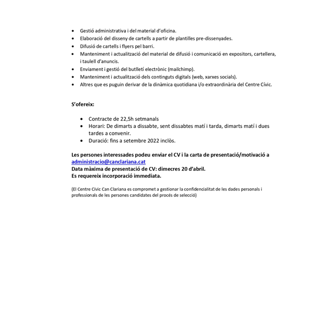 Can_Clariana's tweet photo. Busques feina? 🧐
Al Centre Cívic Can Clariana Cultural, gestionat per l'Associació de veïns i veïnes Congrés Indians, obrim convocatòria de selecció per cobrir una vacant de suport Informador/a.
#ccivicsbcn #canclariana #informadora https://t.co/f8OOLt0ra1