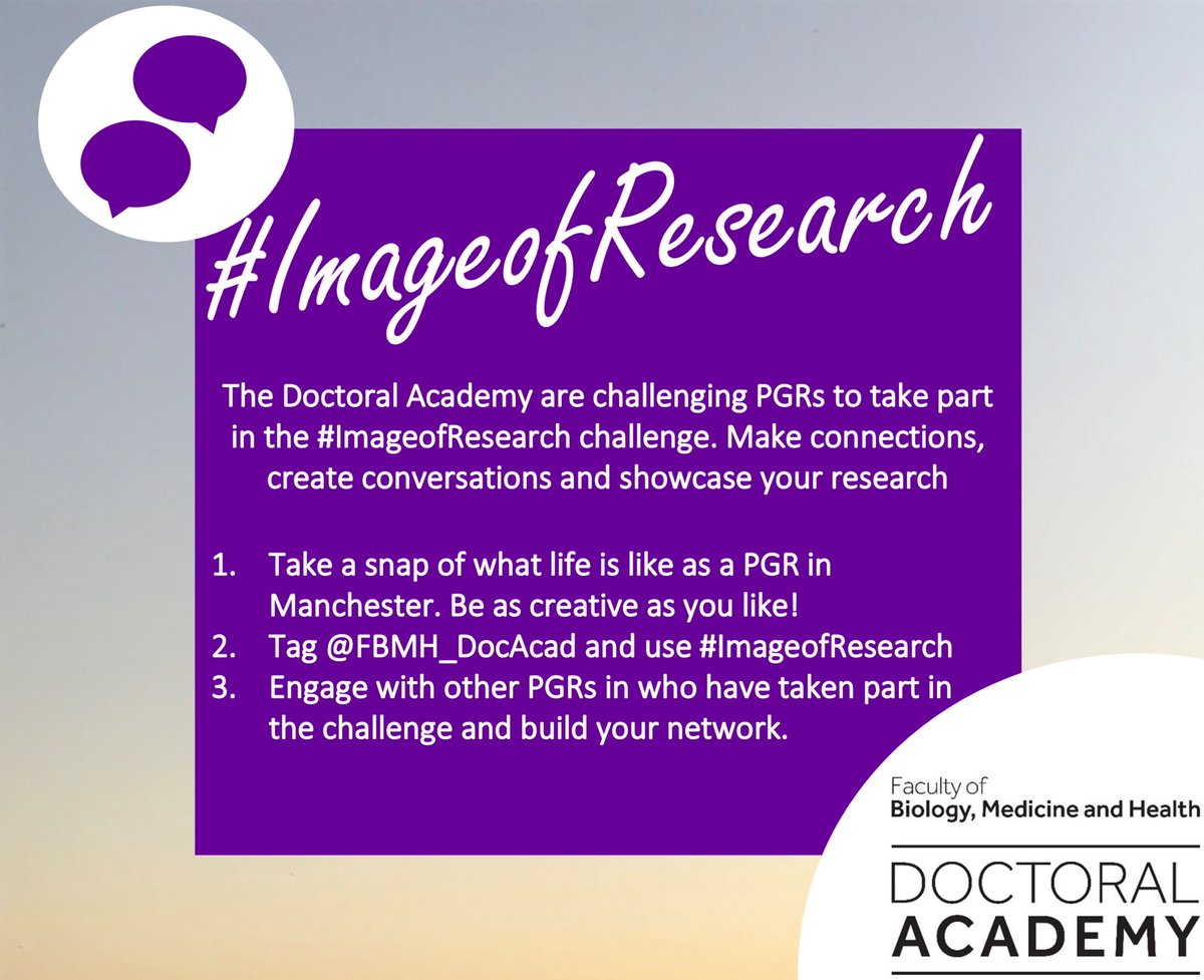 FBMH_DocAcad's tweet photo. Want to be in with the chance of winning a £50 Amazon Voucher? Then take part in the #ImageofResearch competition!
It's simple...
1. Take a photo of a day in PGR life in Manchester
2. Post on Twitter/Instagram using #ImageofResearch and tag @FBMH_DocAcad 
Closes: 10/06/2022 https://t.co/SgX0IFc335