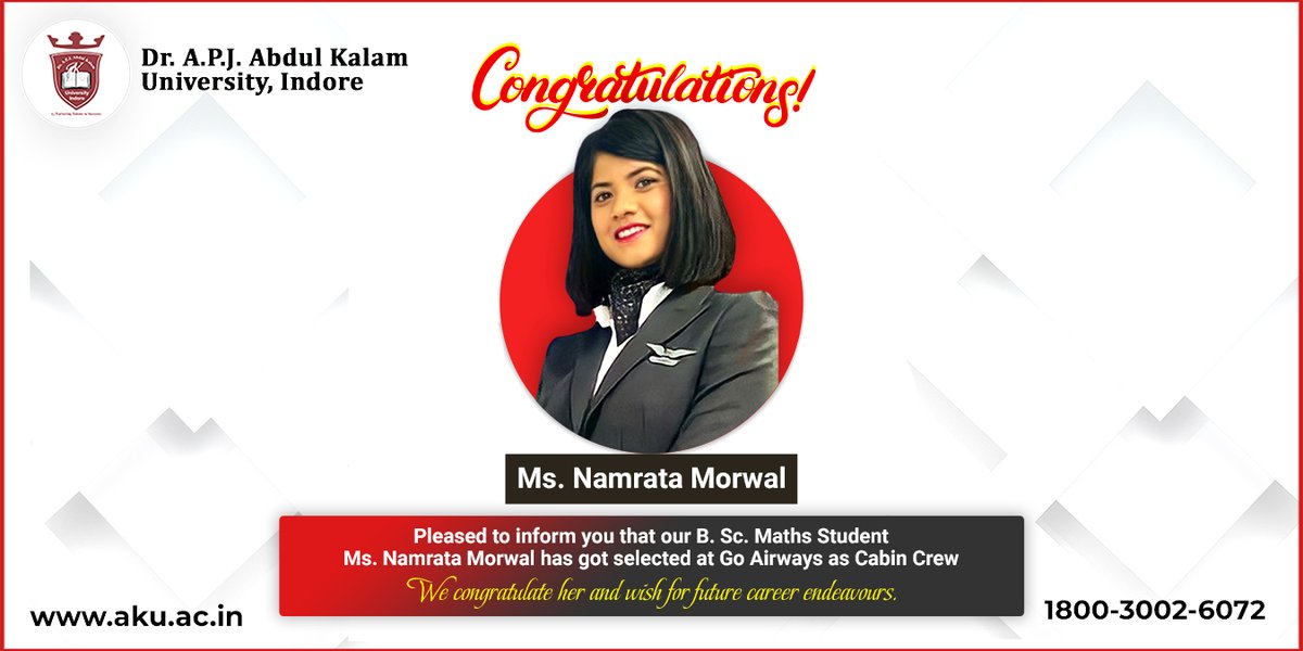 APJ_University's tweet photo. Congratulations
Ms. Namrata Morwal has got selected at Go Airways as cabin crew
Please visit-https://t.co/EgbkatIuJ5
#apjuniversity #placement #goairways✈ #cabincrew #college #education #congratulation #career #future #indore #madhyapradesh https://t.co/9JiPvSDfHm