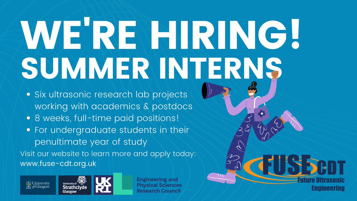 FUSE CDT: Future Ultrasonic Engineering (@fusecdt) on Twitter photo Accelerate your career with a paid summer #internship in #ultrasonic #engineering <a href="/FUSECDT/">FUSE CDT: Future Ultrasonic Engineering</a>!
We are seeking amazing undergraduate applicants in #engineering (+ related technical subjects) from any UK university
Apply today: fuse-cdt.org.uk/about-us/how-t…
⁉️ 👉fuse-cdt@glasgow.ac.uk Accelerate your career with a paid summer #internship in #ultrasonic #engineering <a href="/FUSECDT/">FUSE CDT: Future Ultrasonic Engineering</a>!
We are seeking amazing undergraduate applicants in #engineering (+ related technical subjects) from any UK university
Apply today: fuse-cdt.org.uk/about-us/how-t…
⁉️ 👉fuse-cdt@glasgow.ac.uk