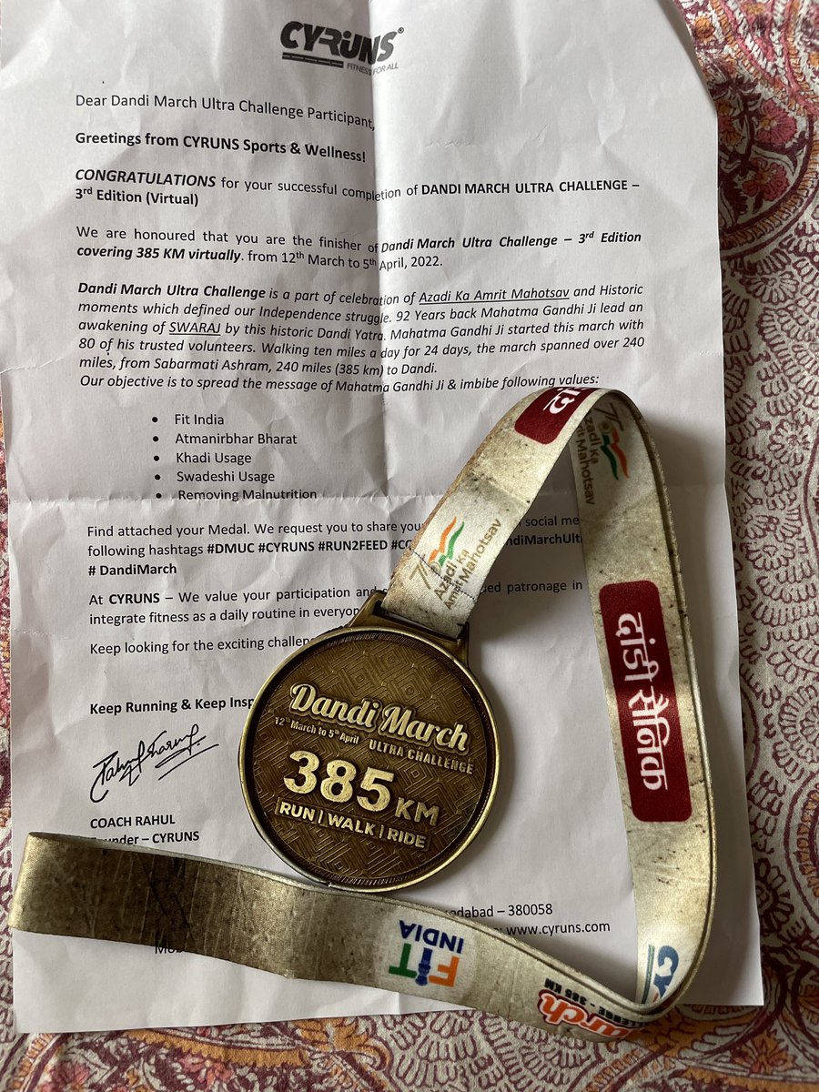 nisharai_ggc's tweet photo. Humbled Received #DANDIMARCH #DANDIMARCHULTRACHALLENGE Finisher Medal covering 385 Km via #Cycling #AzadikaAmritMahotsav #Challenges #cycling #cyclinglife #motivation #Applaud #Recognition and most important #fitnessjourney #DMUC #CYRUNS #RUN2FEED #COACHRAHUL #health @CyrunsFit https://t.co/voDAHYI6QK