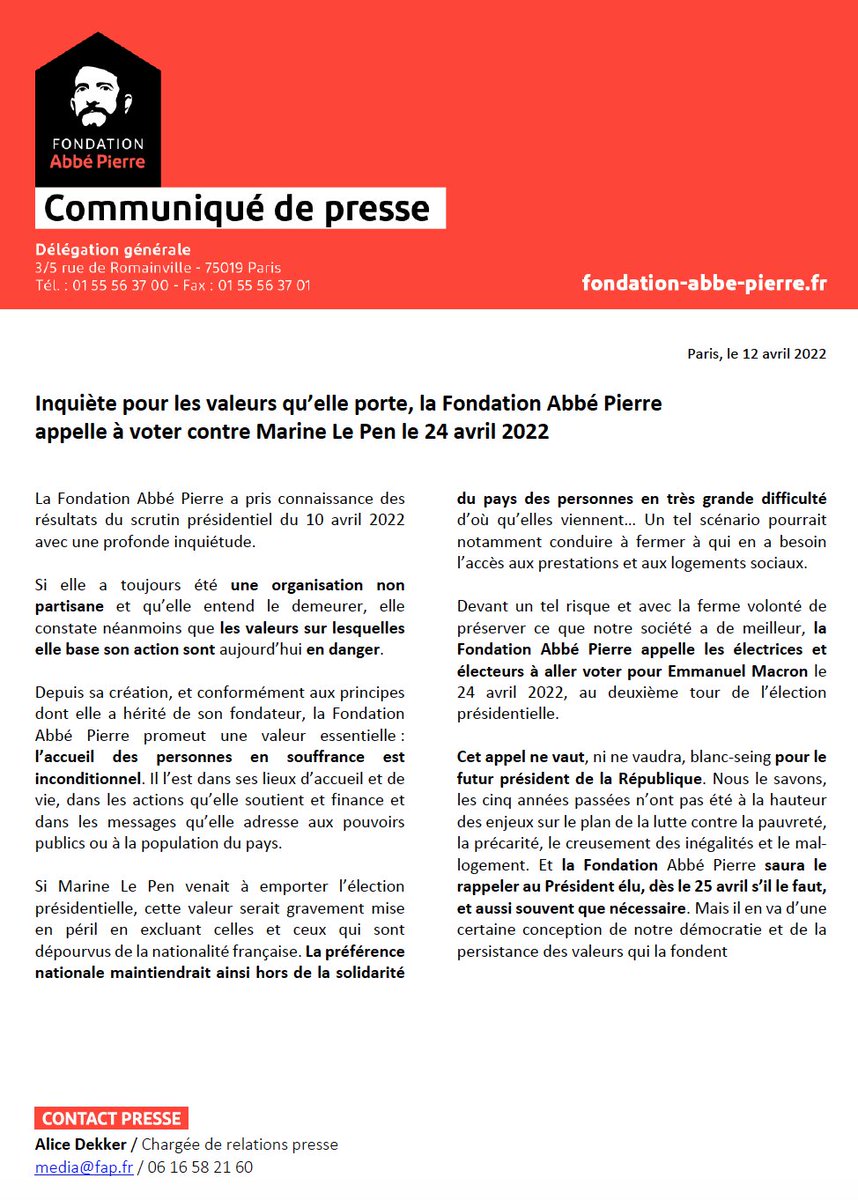 🔴 #presidentielles2022 I Inquiète pour les valeurs qu’elle porte, la Fondation <a href="/Abbe_Pierre/">Abbé Pierre</a> appelle à voter contre Marine Le Pen le 24 avril 2022.

Il en va d’une certaine conception de notre démocratie et de la persistance des valeurs qui la fondent.⤵️