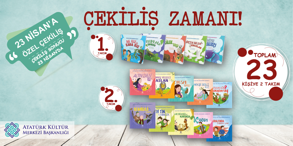 🎊🎉23 Nisan Özel #Çekilişi❗️🎁✨

2️⃣3️⃣ şanslı takipçimize 2⃣ takım #TürkMasallarındanSeçmeler setini #çekiliş ile hediye ediyoruz🎁

 Katılım için:
🔶Bizi takip et❗
🔶Bu tweeti rtweet yap❗
🔶En az 2⃣ kişiyi etiketle❗

📌Çekiliş sonucu 2⃣3⃣ Nisan'da❗️