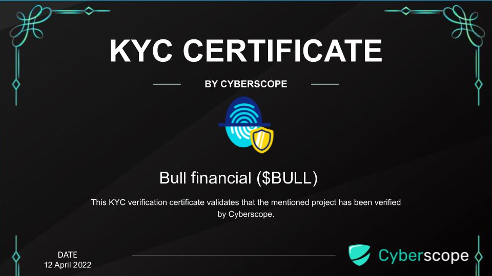 cyberscope_ann's tweet photo. We just finished the KYC for
 @bullnodes

Check the certification.
https://t.co/u73fZHNx1W

Want to get KYC for your project?
https://t.co/BpKMpQ6c5z

#Crypto #Blockchain #Kyc https://t.co/064xQn62wG
