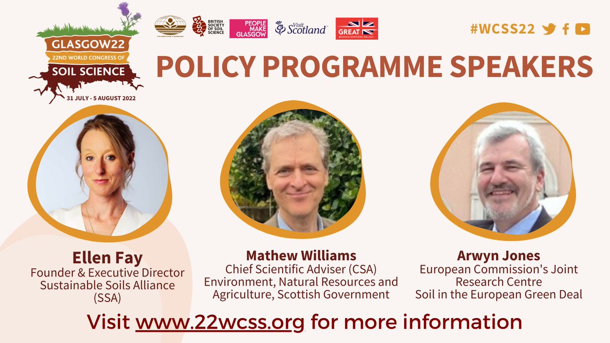 📢 Speaker Announcement 📢 Join our latest #Policy #Programme #Speakers at #WCSS22! Mathew Williams, @Arwyn_Italy and Ellen Fay discuss various topics in #soil #policy and #sustainability . Find out more and register here: 22wcss.org/programme/poli… #IUSS #BSSS