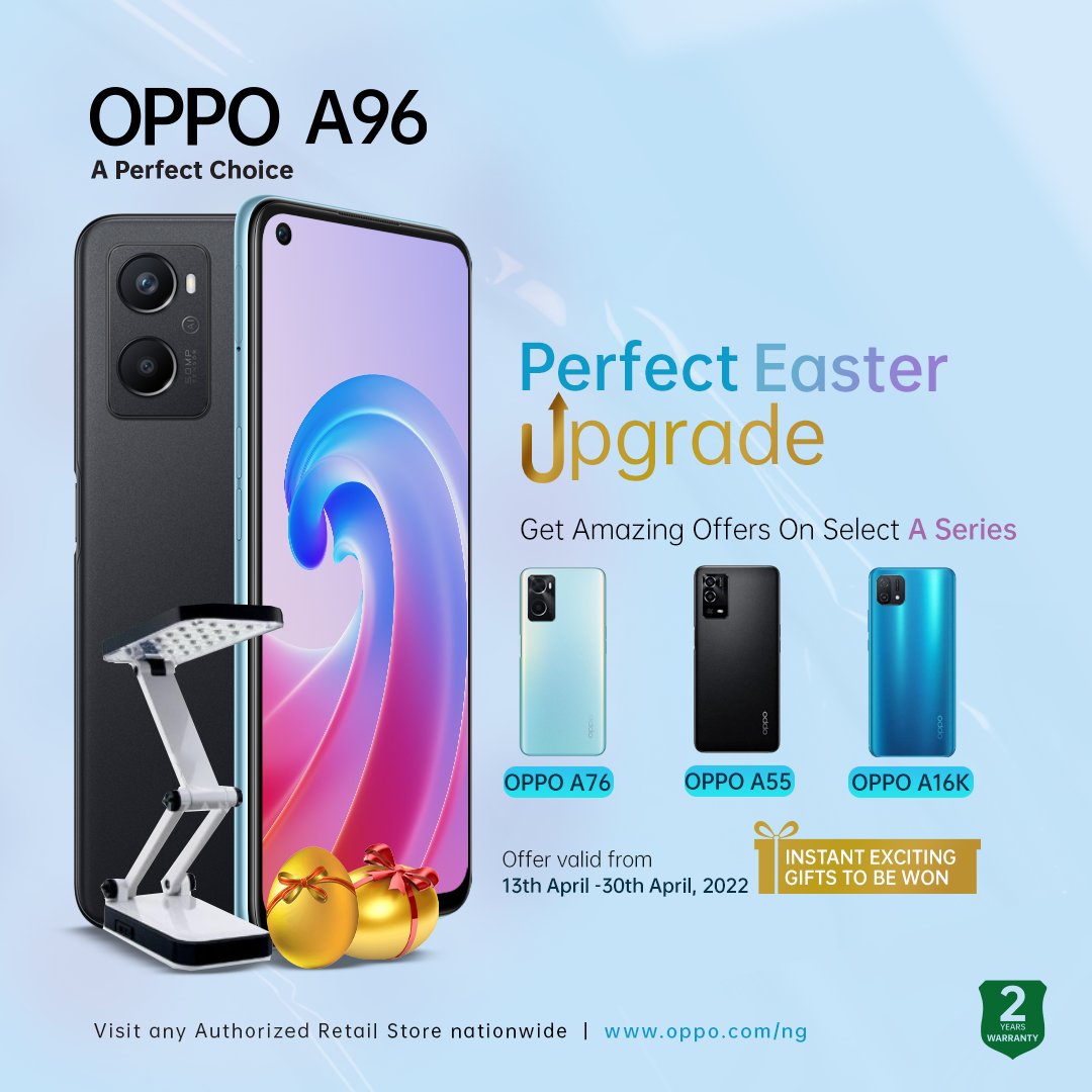OPPONigeria's tweet photo. Finally, an Easter to remember! Are you ready for the perfect upgrade this season?

Hurry to any authorized retail store nationwide or visit our online store, and get to enjoy exciting instant gifts when you purchase any of our select A series smartphones - A76, A16k, A55, or A96 https://t.co/4yMZvW00EE