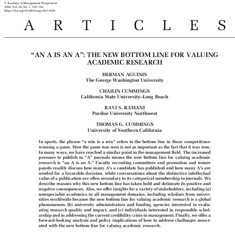 HermanAguinis's tweet photo. Are you pressured by #journallists and to publish only in journals that “count”? 

#openaccess article offers solutions for addressing challenges of the new bottom line for judging research

Get it at: https://t.co/4C0xUBvaNx

@AOMConnect @AOM_HCM @AOM_STR @AOM_OB @ENT_Div_AoM https://t.co/VgeWngsWNi