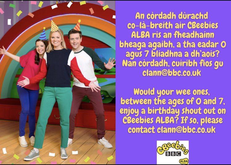 Bheil co-là-breith aig a’ phàiste agaibh (aois 1-7 bliadhna), neo aig pàiste as aithne dhuibh eadar an 2na Cèitean 2022 - 31mh Cèitean 2022? Ma tha sibh airson dùrachd a chur thuca cuiribh fios gu CBeebies ALBA an-diugh air clann@bbc.co.uk 😊🎂🎈
<a href="/bbcalba/">BBC ALBA</a> <a href="/MGALBA/">MG ALBA</a> #Gàidhlig