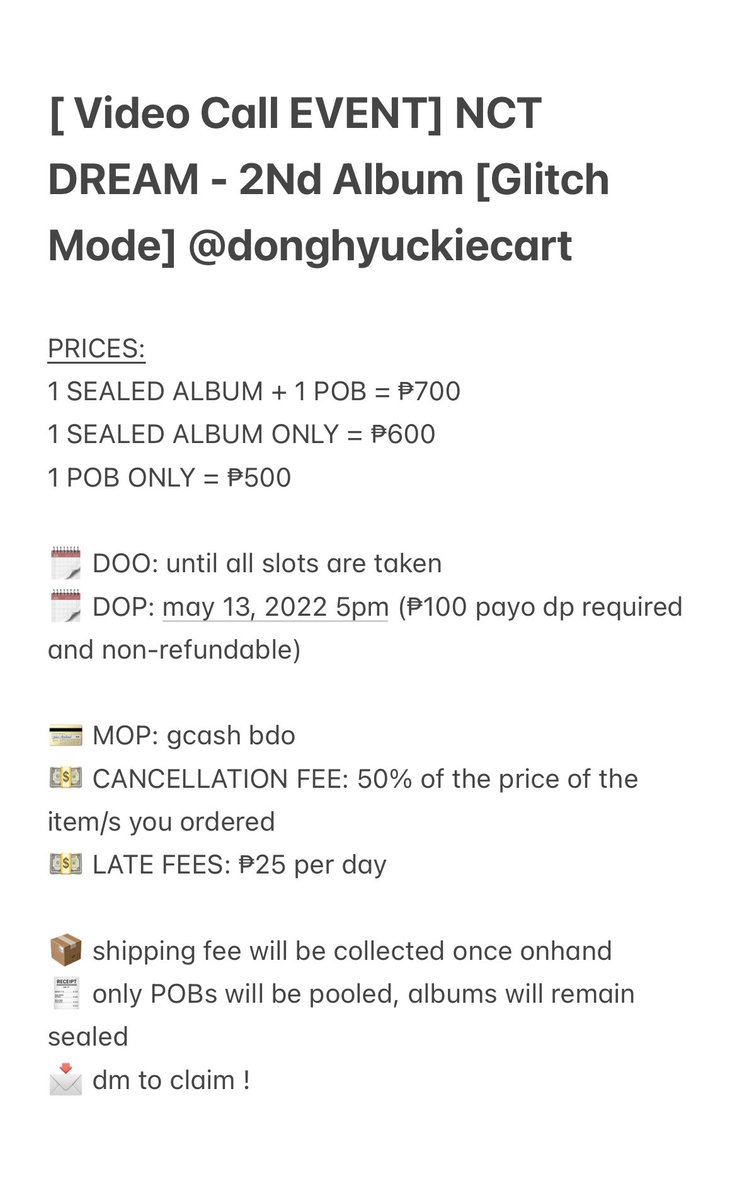 donghyuckiecart's tweet photo. ✎ . . . . #valeriesells wts • lfb • ph

[VCE] NCT DREAM - 2nd Album [Glitch Mode]

💭 rcbyt ! https://t.co/2L6rnb1mPO
🧾 will send the form and oc via dms for those who will claim ^^
📩 limited slots, dm to buy !

𖥻 nct dream glitch mode shopee video call event https://t.co/TktzBsoobG