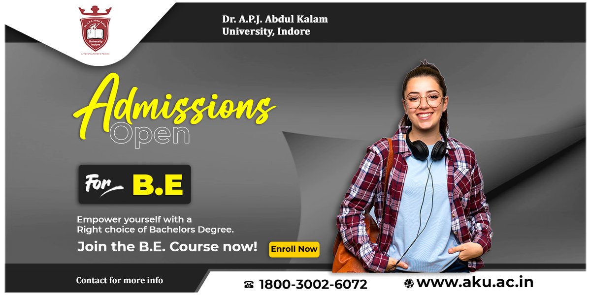 APJ_University's tweet image. Admissions open for B.Tech.
2022-23
Please visit-aku.ac.in/website
#apjuniversity #bacheloroftechnology #admission2022 #admissionopen #technology #bachelor #education #college #university #science #career #Indore  #madhyapradesh