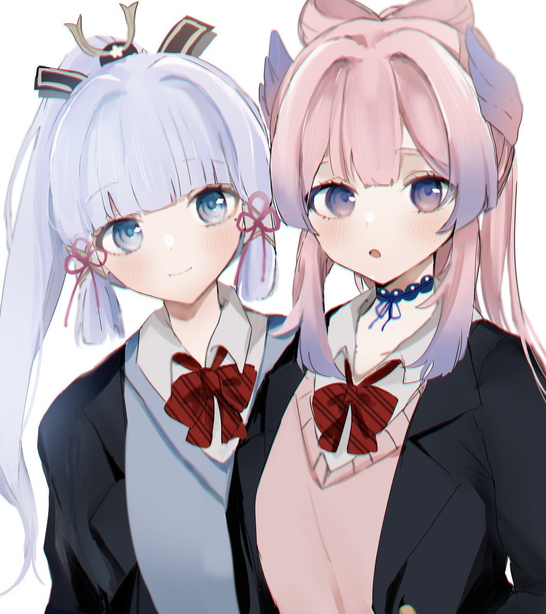 kamisato ayaka ,sangonomiya kokomi multiple girls 2girls pink hair blue eyes school uniform bow blue hair  illustration images