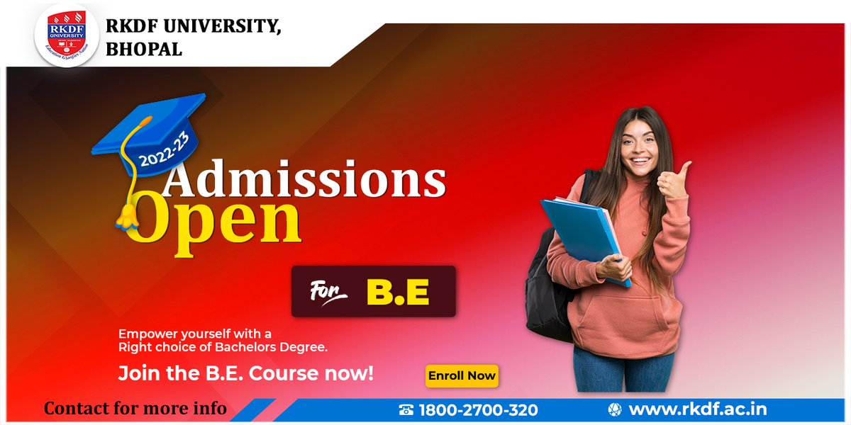 UniversityRkdf's tweet image. Admissions open for B.Tech.
2022-23
Please visit- rkdf.ac.in                             #rkdfuniversity #bacheloroftechnology #admission2022 #admissionopen #technology #bachelor #education #college #university #science #career #bhopal #MadhyaPradesh