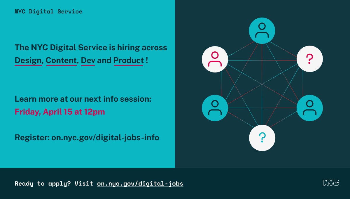 The NYC Digital Service, part of @NYC__Tech, is hiring across #design, #content, #dev and #product. Want to learn more? Register for our info session on April 15: on.nyc.gov/digital-jobs-i…

Ready to apply? See job description and apply here: on.nyc.gov/digital-jobs