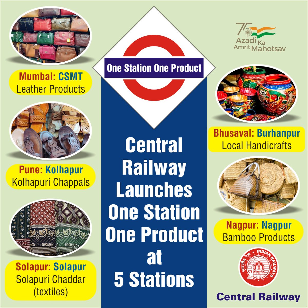 Central_Railway's tweet photo. Boosting local Art &amp; Artisans!!
Central Railway launched #OneStationOneProduct at five stations to empower &amp; promote local artisans &amp; handicrafts. 
Let us promote regional art &amp; commerce. Visit the stalls at Mumbai, Nagpur, Kolhapur, Solapur &amp; Burhanpur stations. @RailMinIndia. https://t.co/GUmAeqswQ9