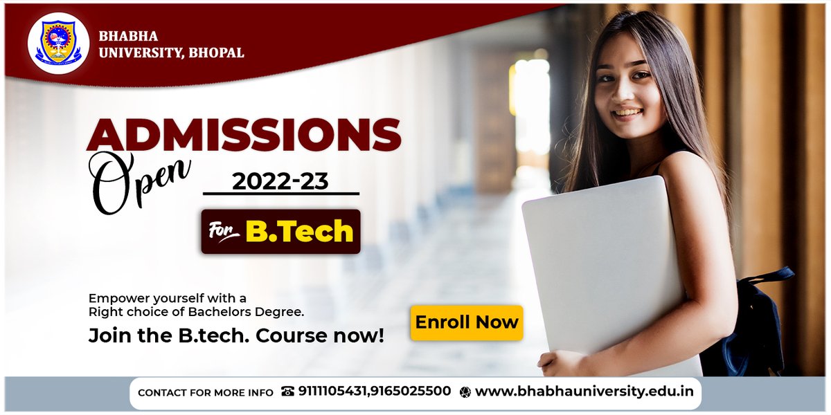 BhabhaUniversty's tweet image. Admissions open for B.Tech.
2022-23
Please visit-bhabhauniversity.edu.in
#bhabhauniversity #bacheloroftechnology #admission2022 #admissionopen #technology #bachelor #education #college #university #science #career #bhopal #madhyapradesh