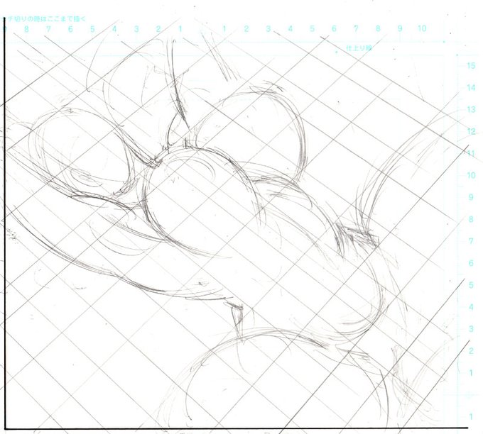 絵が苦手おじさんは、最初にだいたいの形をざっと描いた後、床に置いて 1m定規で遠近の線を引いて、それを目安に下描きをしていくという、効率の悪い感じです。
あんまりデキのいいコマじゃないかもしれんけど、こんな感じで描いてます。 