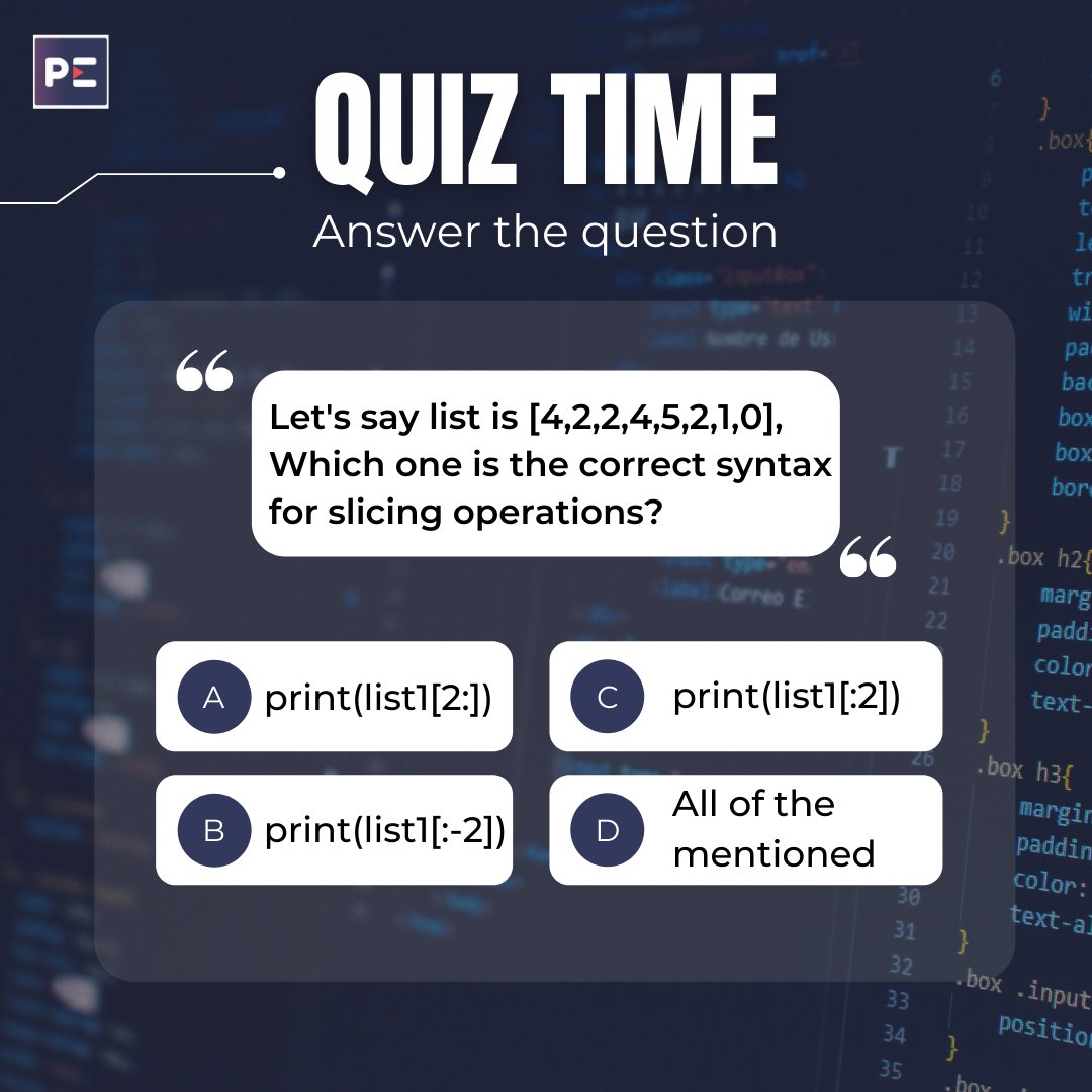 Perfectelearn's tweet photo. Here comes the 2nd question of the "QUIZ WEEK."
Drop your answers in the comment section 👇👇👇
#Pythonquiz #Pythonprogrammingquiz #pythonprogramming #Pythonlearning #Pythoncourses #PythonvsJava
#PerfecteLearning https://t.co/dzLfWQUMUj