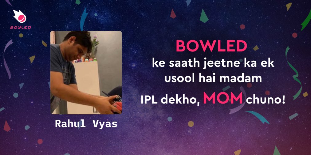 bowleddotio's tweet photo. We just canβt control our excitement to announce the very first winner of our weekly contest and get the party started. Presenting @Rahul_Vyas05, our 1st Man of the Match contest winner! π
#Getbowled
#Play2Earn
#Bebowled
#bowled4Life https://t.co/yuPo3kD0JC