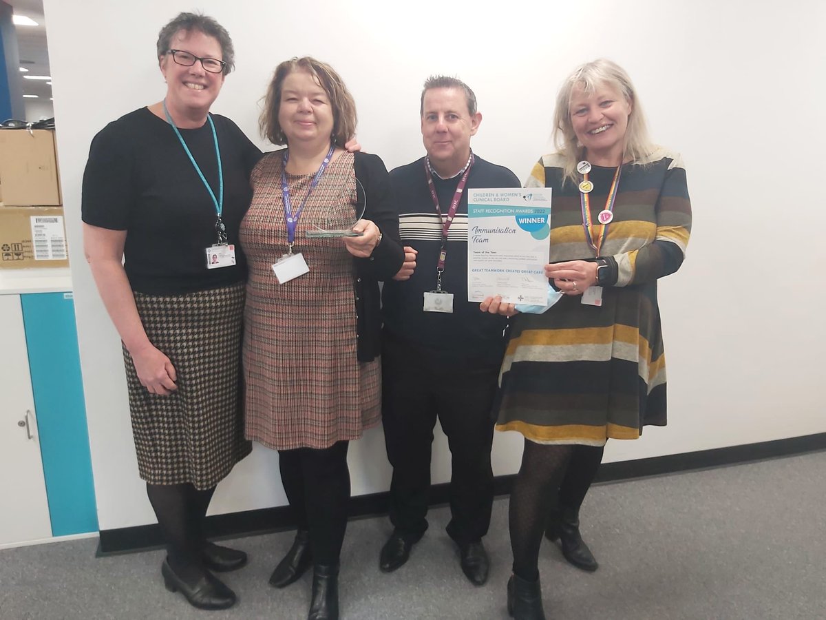 DredgeSandra's tweet photo. Many Congratulations to our Team of the year C&amp;V UHB. Led by the School nursing Immunisation coordinator, the Digital leads and The Child Health Manager. The team successfully delivered an extended Fluenz programme during Covid and introduced electronic consent. #CNO Cymru https://t.co/LZE0DczqcQ