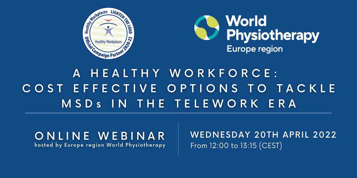 ERWorldPhysio's tweet photo. 🤝Webinar in collab. with @EU_OSHA

As an official partner of #HealthyWorkplacesLightenTheLoad we are holding a webinar on cost-effective options to tackle #MSDs in #telework.

If you are a company representative or a health stakeholder this is for you!👉https://t.co/EiKsvB9VSm https://t.co/MzTdDc0TBU
